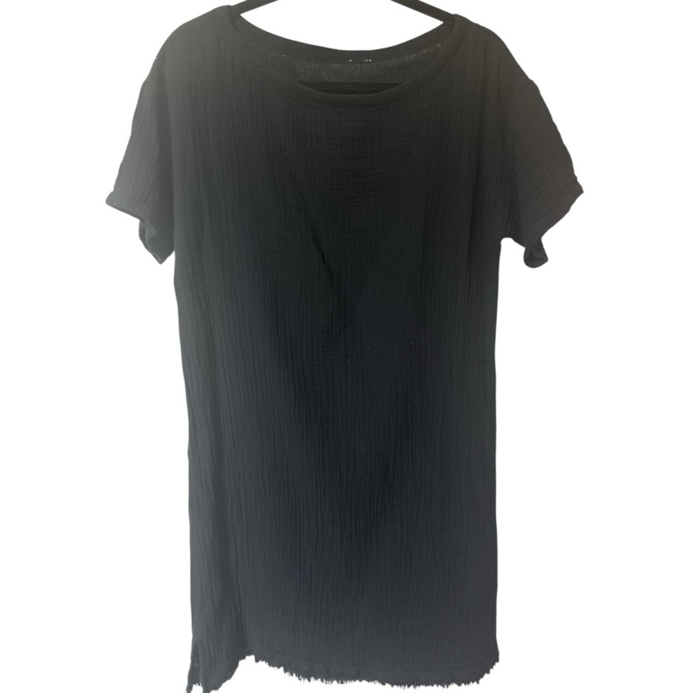 Eileen Fisher Organic Cotton Gauzy Fray Hem Short Sleeve Black Midi Dress Large - Picture 2 of 6